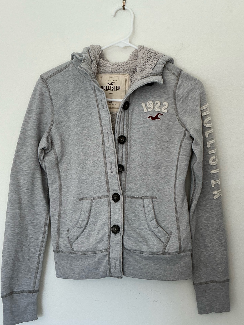 Hollister Gray Sherpa-Lined Button Hoodie With 1922 Embroidery